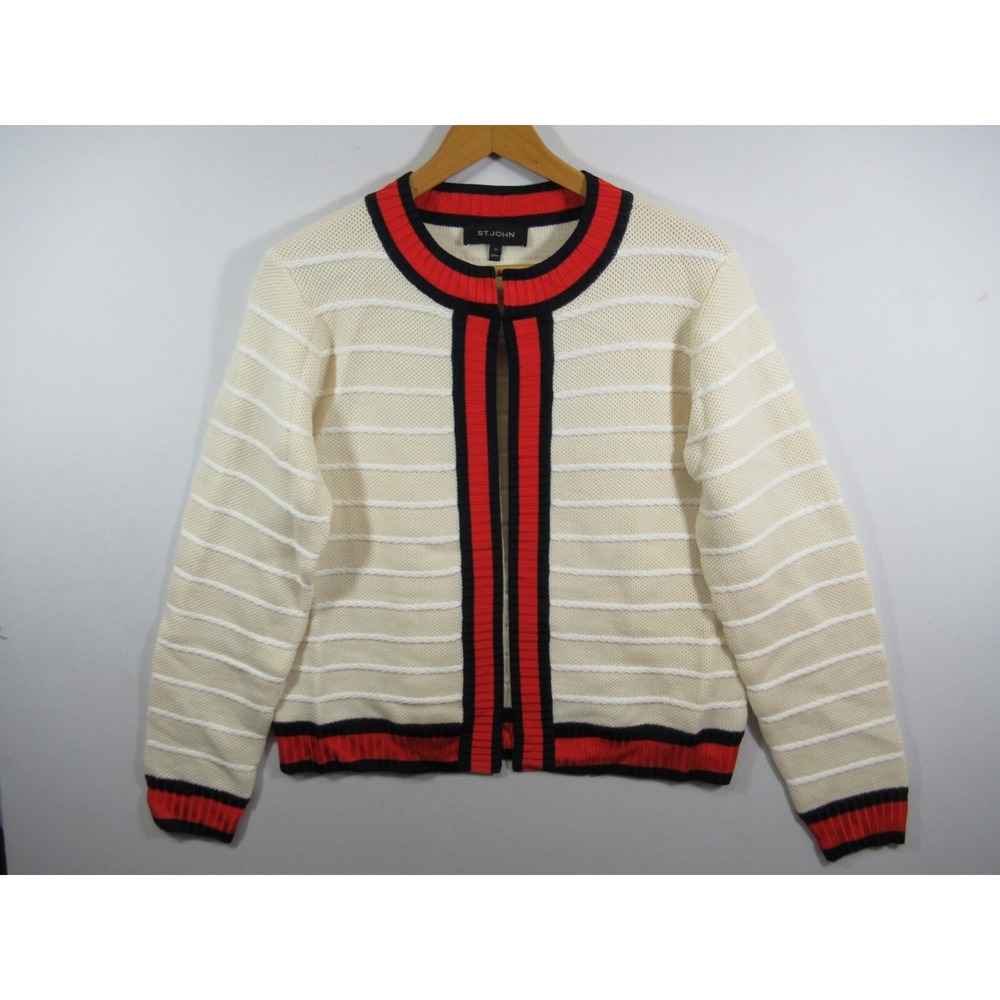 St. John Knit Cardigan Sweater Women Medium Ivory/Red/Blue Preppy Mature